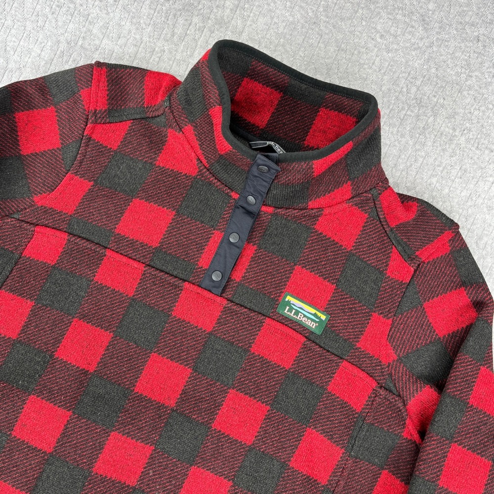 L.L. Bean Fleece Pullover Womens Large Red Buffalo Plaid Snap Neck 500757